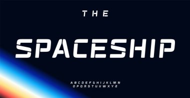Kalıpsal fütüristik alfabe, bilim kurgu temalar, uzay keşfi sunumları, ileri teknoloji reklamları ve uzay temalı interaktif medya için kalın aerodinamik harfler. Vektör tipi