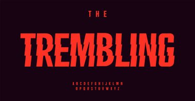 Titreyen modern alfabe, keskin harfler, eşsiz logolar için sarsıntı dalgalı yazı tipi, dinamik çarpıcı başlık, güçlü etkili tipografi, çağdaş tipografik tasarım. Vektör tipi.