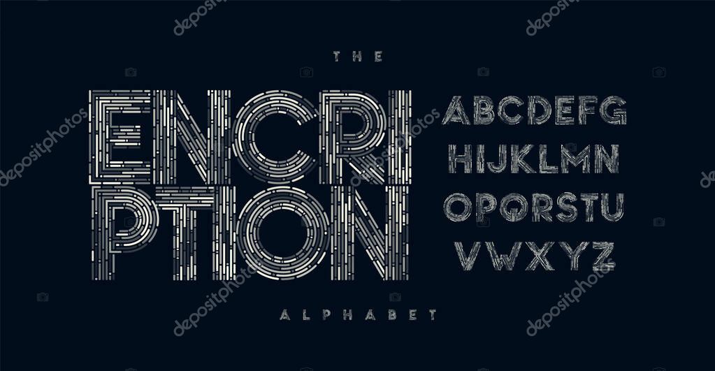 Stripe wires font, tech geometric line alphabet, creative technology font, modern element for branding, secure digital print, encrypted title, contemporary typography. Vector typeset