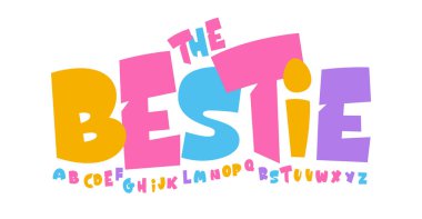 Aptal alfabe, neşeli dans mektupları, arkadaş çocuklar için neşeli font, hareketli animasyon tipografisi, renkli çocuk tipografik tasarımı, eğlenceli şenlik başlığı. Vektör tipi. 