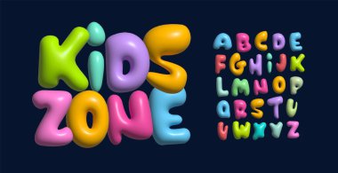 Oyuncu plasticine 3D alfabe, renkli sakız harfleri, çocuk logoları için neşeli balon tipografisi, canlı manşet tasarımı, komik çizgi film tarzı, hemşire doğum günü partisi yazı tipi. Vektör tipi.
