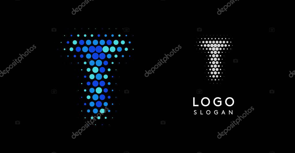 Abstract letter T logo with blue gradient dots, modern minimalist design. Ideal for business branding, corporate identity, technology firms. Stylish and professional symbol. Vector illustration.