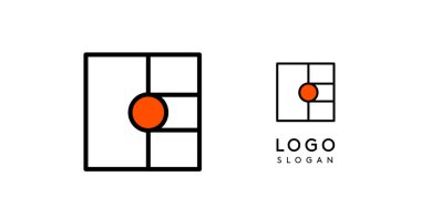 Mavi noktalı soyut E harfi logosu. Minimalist doğrusal tasarım, kurumsal markalaşma, teknoloji girişimleri, yenilikçi işletmeler ve oyun uygulamaları için kalın ve temiz harf monogramı. Vektör illüstrasyonu