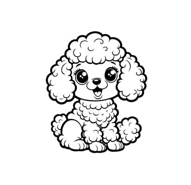 Büyük gözlü sevimli kaniş yavrusu mutlu mesut oturuyor. Çocuklar için neşeli bir ifadesi olan sevimli tüylü köpek kitapları, etkinlik sayfalarını ve evcil hayvan temalı tasarımları boyuyor. Siyah ve beyaz vektör çizimi.