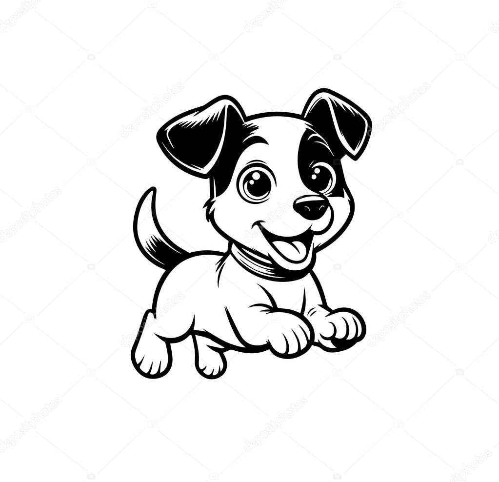 Cute happy Jack Russel puppy jumping with playful expression. Friendly joyful dog character for children books, coloring pages, educational materials. Black and white line art. Vector illustration.