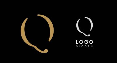 Minimalist logo tasarımı Q harfiyle siyah zemin üzerinde altın harfiyle lüks marka, güzellik ve moda, premium kurumsal kimlik ve ileri teknoloji yenilikçi projeler için. Vektör illüstrasyonu