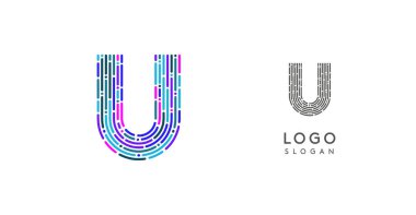 Colorful abstract letter U logo design with futuristic circuit pattern. Ideal for tech companies, digital media, software, apps, networking, branding. Vector illustration clipart