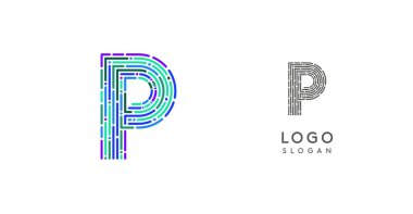 Fütürist devre desenli renkli soyut P harfi logo tasarımı. Teknoloji şirketleri, dijital medya, yazılım, uygulamalar, ağ, markalaşma için ideal. Vektör illüstrasyonu