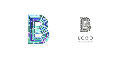 Fütürist devre desenli renkli soyut B harfi logo tasarımı. Teknoloji şirketleri, dijital medya, yazılım, uygulamalar, ağ, markalaşma için ideal. Vektör illüstrasyonu