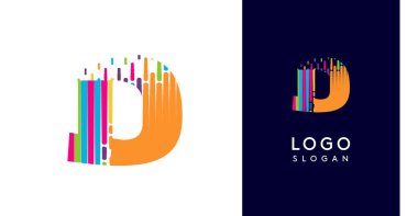 Renkli çizgiler piksel benzeri elementlere dönüşüyor yağ logosu şablonu, D harfi, teknoloji, yaratıcı stüdyo, medya, dijital markalaşma için soyut dengeleyici logoti. Vektör illüstrasyonu.