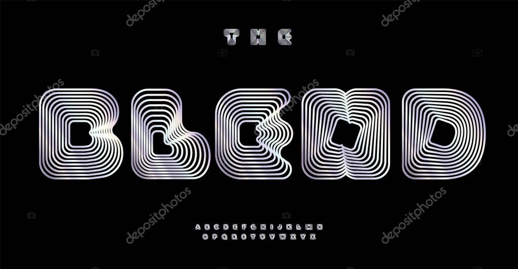 Blend font, distorted letters with blending lines creating 3D letters optical illusion. Round geometric stripes typography for tech identity, branding, creative posters. Vector typeset