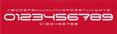 Minimalist yuvarlak serif yazı tipi, parlak fütüristik rakamlar ve teknoloji için harfler, bilim kurgu markalaşması, ürün ambalajlama, spor markaları, forma numaraları, takım ürünleri. Vektör tipi.