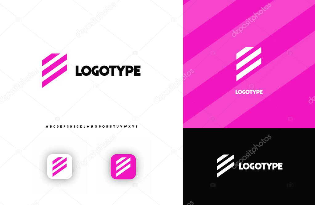 Bold diagonal stripes creating geometric shapes letter E logo for technology, finance, banking, cryptocurrency, corporate branding, architecture, construction, real estate. Vector illustration.