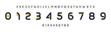 Modern minimalist yazı tipi, eğlenceli geometrik kesikler, kalın yuvarlak sayılar ve teknoloji logoları için harfler, şık manşetler, dijital spor markaları, forma numaraları, takım ürünleri. Vektör tipi.
