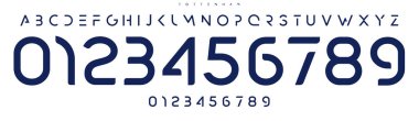 Modern yuvarlak font, gösterişsiz asgari sayılar ve harfler, teknoloji markalaşması için pürüzsüz fütürist alfabe, fütürist tasarım, spor logosu. Eğri çizgiler yenilik, berraklık ve tarz yayar. Vektör tipi.