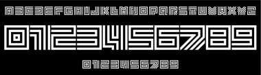 Geometric maze font, bold structured lines, intricate square patterns for futuristic branding, tech designs, sports branding, jersey numbers, team merchandise. Vector typeset. clipart