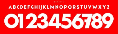 Kalın geometrik yazı tipi, keskin kenarlı sayılar ve harfler, güçlü logolar için modern sanslar, çarpıcı manşetler, spor markaları, forma numaraları, takım malları. Vektör tipi.