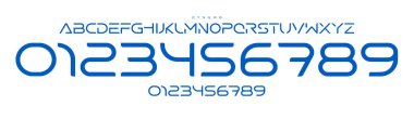 Sivri çizgileri, geometrik hassasiyeti, teknik markalaşma için rakamları ve harfleri, spor markaları, forma numaraları, takım ürünleri olan fütürist yuvarlak yazı tipi. Vektör tipi.