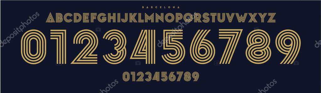 Art deco typography, bold geometric linear numbers and letters, decorative luxury font for elegant event invites, sophisticated product packaging, sports branding, jersey numbers, team merchandise.
