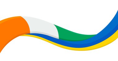 Fildişi Sahili Ulusal Bayrağı ile Ukrayna Ulusal Bayrağı dalgalı kurdele. Birlik ve işbirliği sembolü. Yardım etkinlikleri için logo, STK, spor takımı, barış zirvesi. Vektör illüstrasyonu