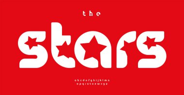 Yıldızlar cesur alfabe, ünlülerin sembolleri için oyuncu retro yazı tipi tasarımı, çarpıcı çağdaş markalaşma, yaratıcı tasarım, eğlence endüstrisi logosu veya başlık. Vektör tipi.