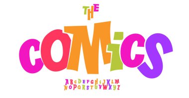 Oyuncu mizah alfabesi, abartılı harfler, renkli çizgi film yazı tipi çocuksu markalaşma, canlı manşet, enerjik çocuk logosu, eğlence tipografisi. Vektör tipi.