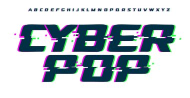 Holographic glitch font, bold digital bug pixelated effect typeface, modern cyberpop font for retro gaming logo and headline, Y2K typographic design. Vector typeset clipart