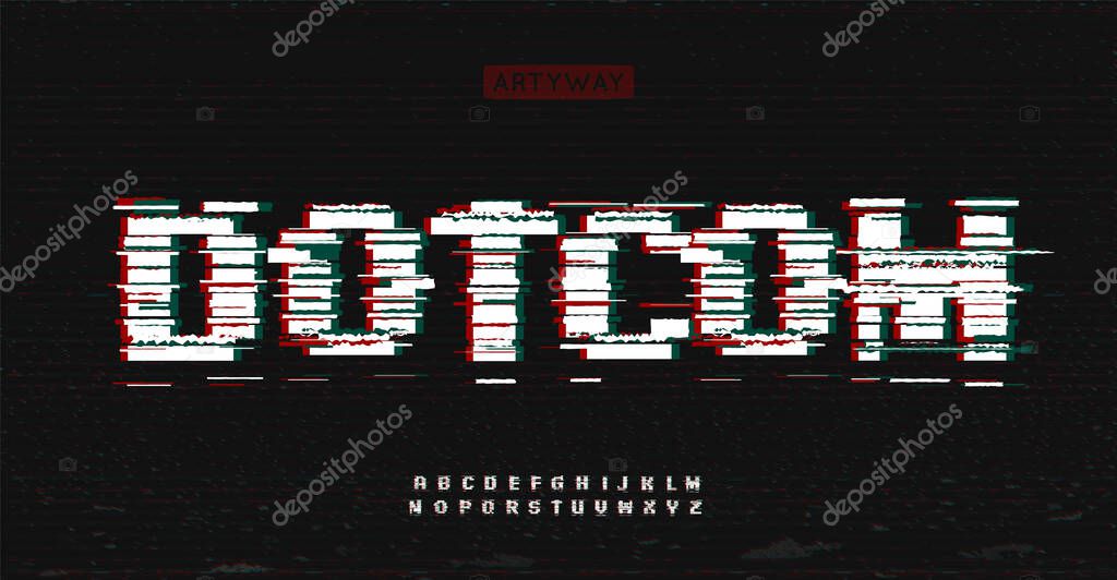 Bold glitch font, distorted pixelated letters, cyberpunk aesthetic alphabet for digital errors typography, Y2K bug digital art, sci-fi logo and headline. Retro wave glitch typography. Vector typeset.