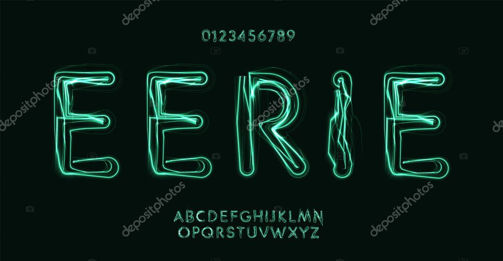 Eerie glowing alphabet, lightning twisted letters, luminous neon font for ghostly atmospheric headline, creepy electrifying style logos, unsettling Halloween lettering. Vector typeset