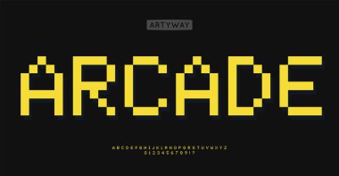 Pixelated 8-bit alfabe, retro video oyunu tarzı harfler, nostaljik dijital yazı tipi, klasik arcade tipografisi, kalın blokaj harfleri, Y2K oyun alfabesi, teknoloji markalaşması için stilize edilmiş. Vektör tipi