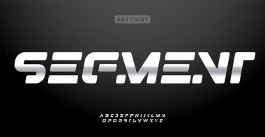 Parçalı krom yazı tipi, parlak yuvarlak harfler, teknoloji, siber markalaşma ve dijital uygulamalar için parlak fütüristik alfabe. Cesur siber tipografi. Vektör tipi