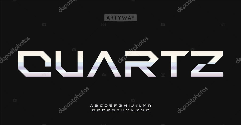 Strong geometric font, polished metallic letters with sharp beveled edges and cutouts. Futuristic industrial alphabet for logo, headline and branding. Vector typeset