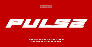 Güç hareketi alfabesi, kalın eğimli harfler, otomotiv logoları için dinamik yazı tipi, hızlı manşetler, etkili spor markalaşması ve yarış oyunu tipografisi. Vektör tipi 