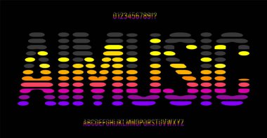 Bright equalizer alphabet, soundwave letters, music pulsating font for EDM festival headline, nightlife branding, Dj visuals, digital music typographic. Vector typeset clipart