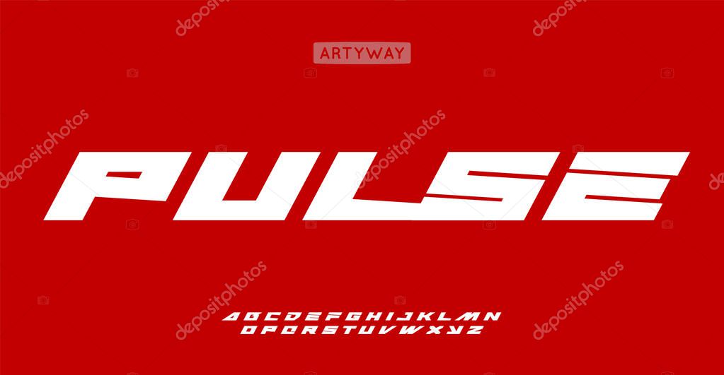 Power movement alphabet, bold slanted letters, dynamic font for automotive logos, speed headlines, impactful sports branding, and race game typography. Vector typeset