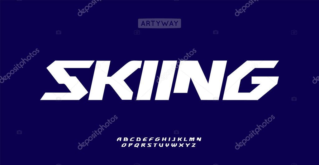 Angular geometric font, sharp angled letters, dynamic sporty font for racing and skiing headline, powerful winter sports design, energetic branding, egame sport, athletic sportswear. Vector typeset