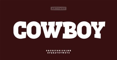 Kalın levha alfabesi, klasik batı tarzı harfler, rustik posterler için sert yazı tipi, kovboy tabelası, ikonik bar damgası, retro Americana manşeti, salon logosu. Vahşi batı çizgi filmi. Vektör tipi. 