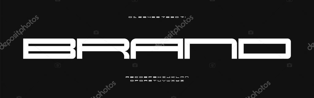 Bold extended font, wide geometric letters, thick square font for minimalist tech branding, strong industrial headline. Broad rectangular typeface Vector typeset.