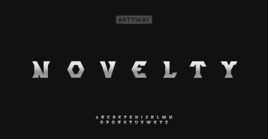 Metalik açısal alfabe, kalın parlak harfler, keskin logolar için krom teknoloji yazı tipi, fütüristik manşetler, endüstriyel tipografi. Vektör tipi