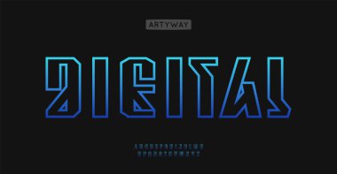 Açısal doğrusal alfabe, kenarlı yazı tipi, fütürist ana hatlı font. VR oyun logosu için kalın geometrik yazı karakteri, endüstriyel teknoloji logosu, siber punk manşeti. Vektör tipi