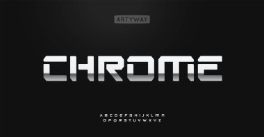 Krom alfabe, keskin geometrik harfler, teknoloji endüstriyel markalaşma için parlak alfabe, makine logosu, kalın krom başlık. Vektör tipi