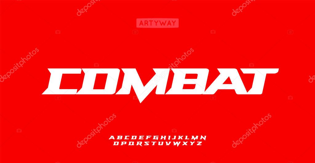 Combat alphabet, bold italic sharp letters, powerful font for dynamic logo, striking headline, sport and automotive branding, speed race titles. Vector typeset