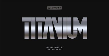 Titan metal alfabesi, yüksek kesilmiş harfler, demir modern logo için tekno fütürist yazı tipi, vurgu başlığı, çağdaş tipografi, modern tipografik tasarım. Vektör tipi.