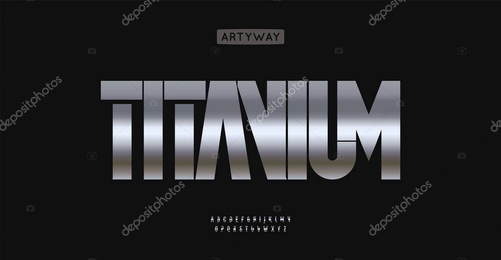 Titan metal alphabet, high cropped letters, techno futuristic font for iron modern logo, emphasis headline, contemporary typography, modern typographic design. Vector typeset.