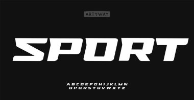 Açısal spor alfabesi, cesur atletik harfler, enerjik spor başlığı için keskin alfabe, hızlı yarış markası, spor salonu formundaki logo, güçlü takım amblemi. Vektör tipi.