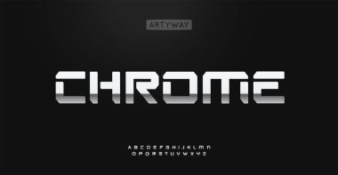Krom alfabe, keskin geometrik harfler, teknoloji endüstriyel markalaşma için parlak alfabe, makine logosu, kalın krom başlık. Vektör tipi