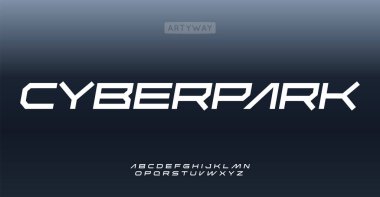Geniş geometrik alfabe, kalın siber punk yazı tipi, fütüristik açısal tipografi, robotik endüstri tipi, tekno bilim kurgu karakteri, dijital markalaşma gücü. Vektör tipi.