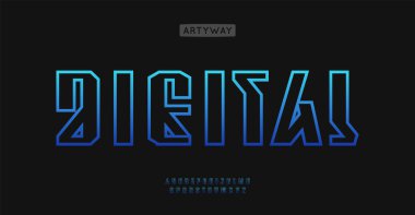 Açısal doğrusal alfabe, kenarlı yazı tipi, fütürist ana hatlı font. VR oyun logosu için kalın geometrik yazı karakteri, endüstriyel teknoloji logosu, siber punk manşeti. Vektör tipi