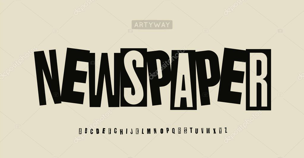 Newspaper collage alphabet, cutout newsletter font for unknow author text, ransom note, secretive headline, art dadaism logo. Creative blocky typography. Vector typeset