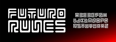 Gelecekçi kabile alfabesi, kare labirent harfleri, fütürist, antik, etnik, runik tasarım için geometrik yazı tipi, teknoloji, mimari, oyun tipografisi. Basit labirent desenli tip. Vektör tipi